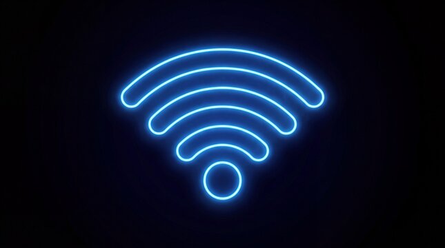 Glowing blue neon wireless internet signal symbol shining brightly against solid dark black background with intensely against clean network signal icon vibrant blue
