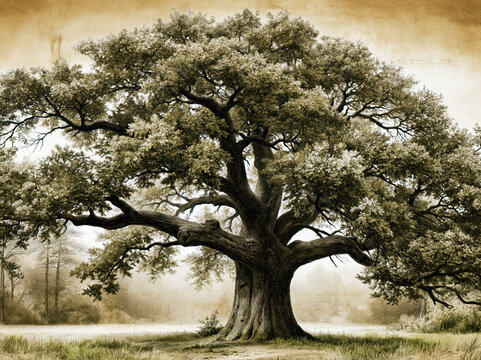 Vintage Oak Tree Botanical Illustration &ndash; AI Generative