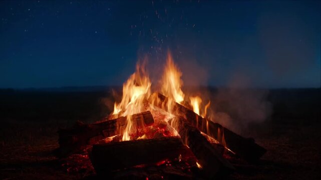 Campfire flame fire night wood log ember warm outdoor background rustic candle glow under dark sky with festive firewood stack and peaceful bonfire creating cozy camping adventure atmosphere
