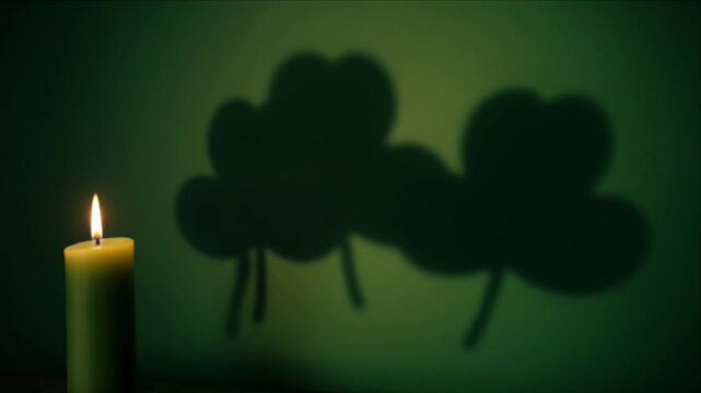 Festive candle background light with glowing flame casting shamrock clover shadow silhouette on green wall creating soft mysterious holiday mood for celebration and seasonal decoration art scene