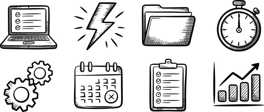 Productivity and Organization Sketch Icon Collection featuring task management, laptop workspace, energy, file organization, stopwatch, workflow, schedule, checklist, and business growth symbols in bl