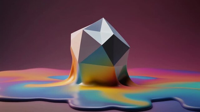 カラフルな液体に溶け出す多面体オブジェクト