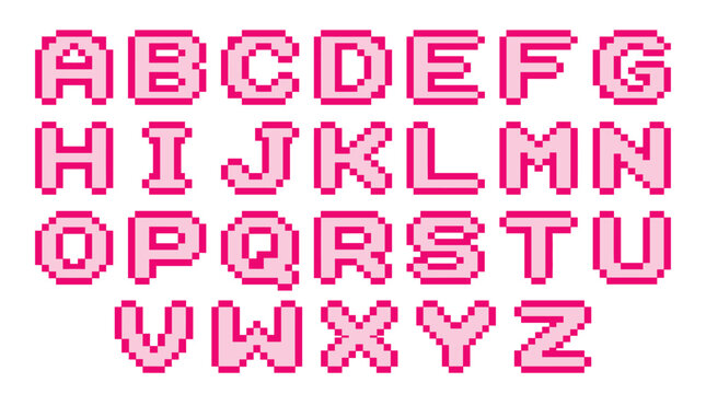 Alphabet typography letter element pack, retro pixel style, pink square characters, uppercase letters, and fonts