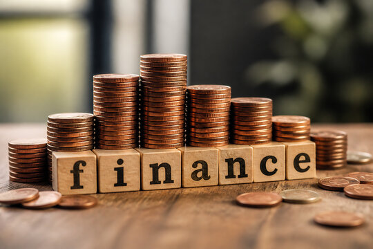 Stacks of coins forming the word finance on a wooden surface.