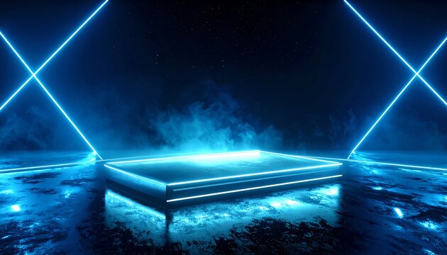 Futuristic Illuminated Platform with Blue Light Beams