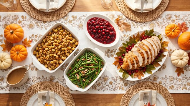 Thanksgiving dinner table spread with roasted turkey slices stuffing green beans cranberry sauce and small orange and white pumpkins on a floral patterned runner over a wooden surface