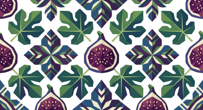 Seamless Fig Pattern with Geometric Accents and Leaf Motifs
