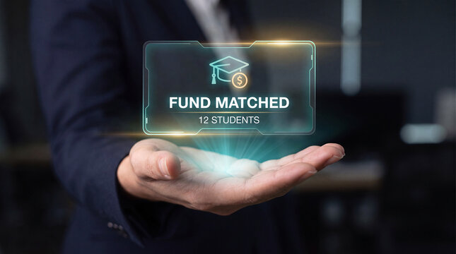 businesswoman holds glowing scholarship donor interface above open palm to verify fund matching status, track student recipient selection, confirm disbursement schedule stage