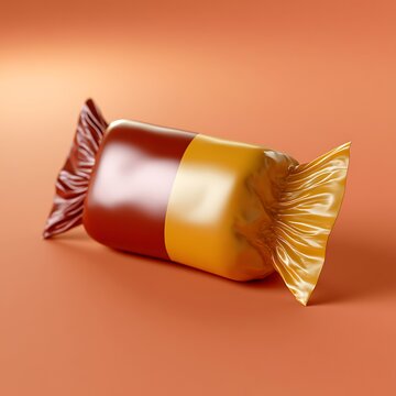 Wrapped candy bar with gold and brown foil on orange background