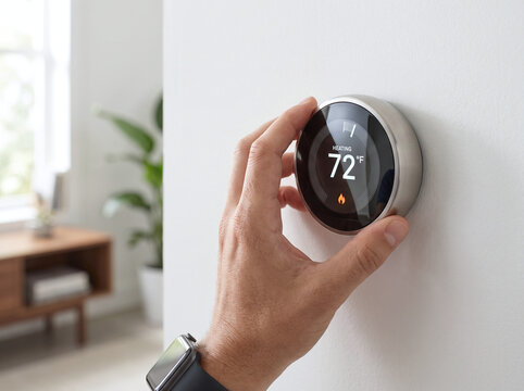 Human hand adjusting google nest thermostat, surrounded by white wall, green house plant, and smart devices. Suitable for technology or home automation concept.