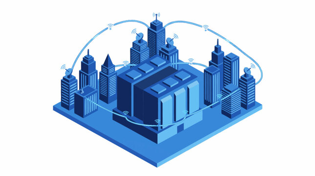 Modern City Buildings Connected by Wireless Technology Network.