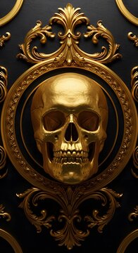 Golden Skull Hanging in Ornate Black and Gold Baroque Frame