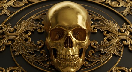 Fototapeta premium Golden Skull Decorative Ornament with Ornate Black and Gold Background