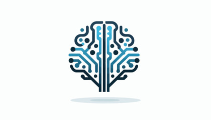 Fototapeta premium Stylized digital brain icon with circuit board pathways in blue and dark grey, representing artificial intelligence and technology.