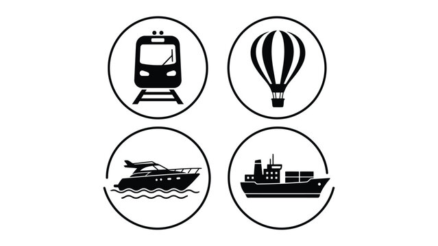 collection of four circular transport icons including train front view, hot air balloon, motorboat on waves, and cargo ship on water, minimalist black silhouette travel illustration design