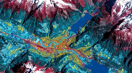 Fototapeta premium False-color satellite view of a mountainous valley with a winding river, urban areas, and two lakes, showcasing diverse terrain.