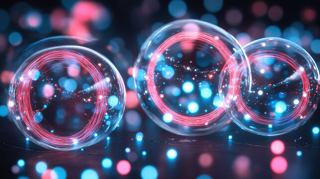 Abstract scientific visualization of glowing energy spheres with swirling particles, representing interconnected data streams and advanced technology in a futuristic digital environment