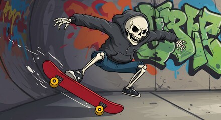 Obraz premium Skull Skeleton Skateboarder Wearing Hoodie and Jeans Performing Trick in Graffiti Tunnel