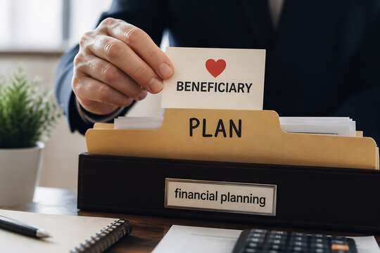 A hand holds a beneficiary plan card over a financial planning folder on a desk.