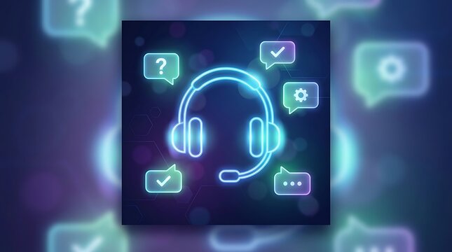 Neon glowing customer support headset icon surrounded by digital speech bubble notification symbols on dark background