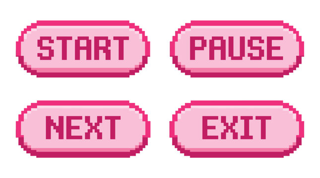 Video game interface element pack, colorful pixel style, start, pause, next, exit, navigation, and menu control buttons