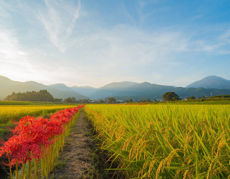 Red spider lilies along a rice paddy ridge with mountains in Japan