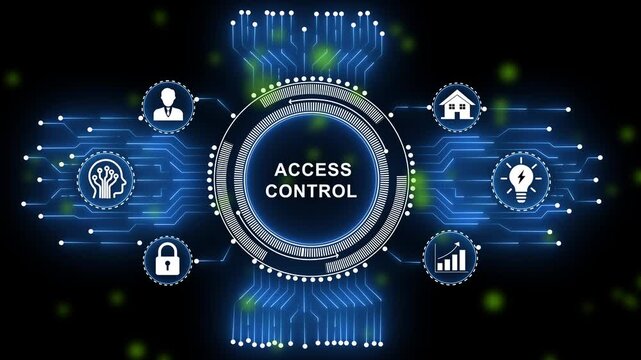 Advanced cybersecurity access control interface featuring digital network circuitry, biometric authentication data protection systems, and futuristic hud technology for enterprise security solutions