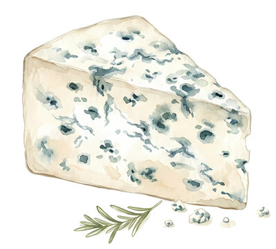 Watercolor illustration of blue cheese wedge with rosemary herb