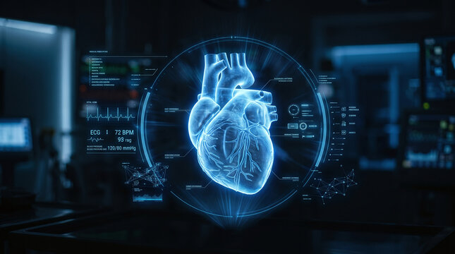 Blue glowing holographic heart anatomy monitor for medical diagnostics, suitable for health presentations, medical technology concepts, cardiology illustrations.