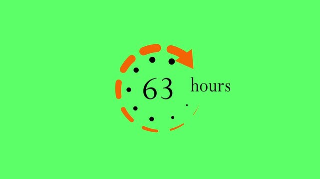 63 hours countdown timer animation with circular progress bar on green screen clock