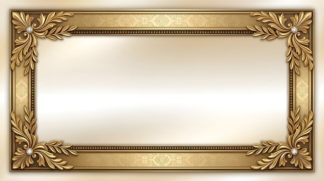 Ornate golden picture frame featuring intricate floral carvings and elegant diamond accents isolated against a smooth metallic cream background texture