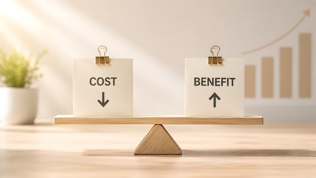 Wooden balance scale weighing cost and benefit paper cards in a bright office setting with rising financial chart representing business planning and ROI analysis