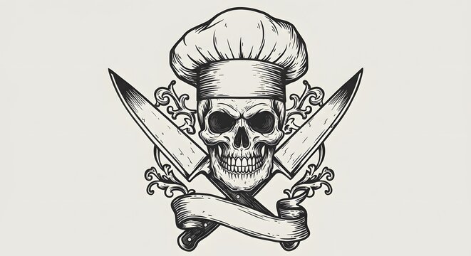 Skull with Chef Hat and Knives in Black White Tattoo Style