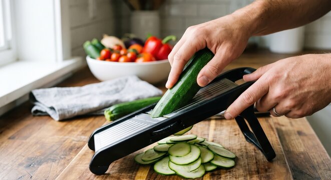 Close up of male hands using a mandoline slicer to cut fresh green zucchini slices on a wooden kitchen cutting board for healthy home meal preparation