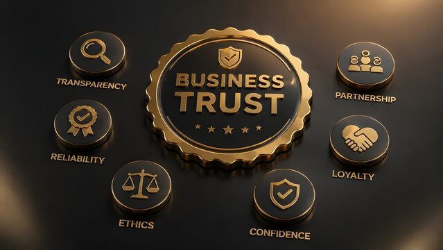 Golden business trust seal surrounded by core value icons like ethics transparency loyalty and partnership.