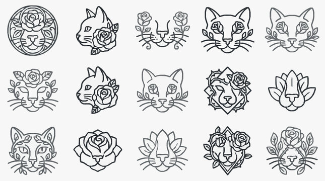 Elegant Blackline Cat and Floral Symbols Collection.