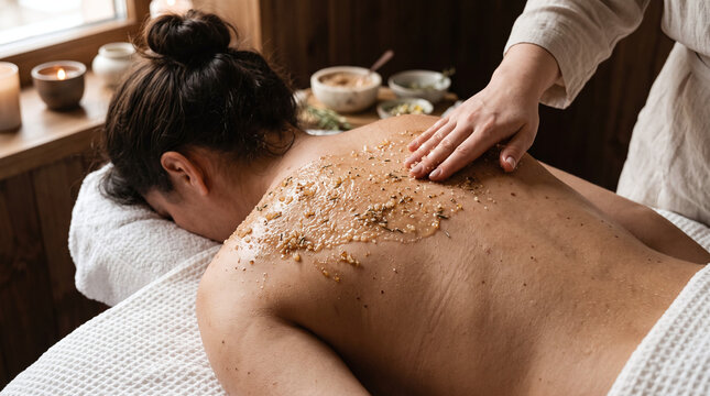 Woman receiving a back skin treatment in a spa with exfoliation scrubs for a relaxing and rejuvenating experience. Suitable for beauty and wellness content.