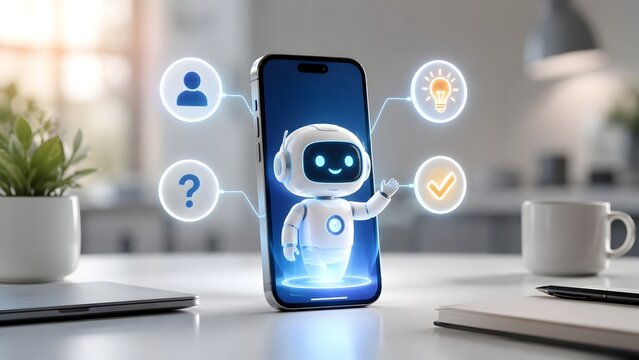 Friendly AI robot emerging from smartphone screen with glowing digital icons for virtual assistant and smart customer support concept