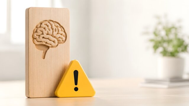 Carved wooden block featuring a human brain symbol beside a yellow warning triangle sign on a desk representing mental health care and cognitive risks.