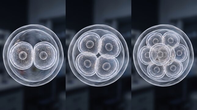Early Embryo Cleavage Stages Showing 2, 4, and 8 Cell Divisions