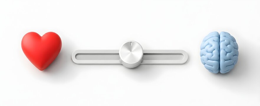 Silver slider switch between 3D red heart and blue brain representing the choice of emotion versus logic