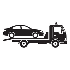 Obraz premium Tow Truck Carrying Broken Down Car Towing Service Flatbed Transport Vector Design.