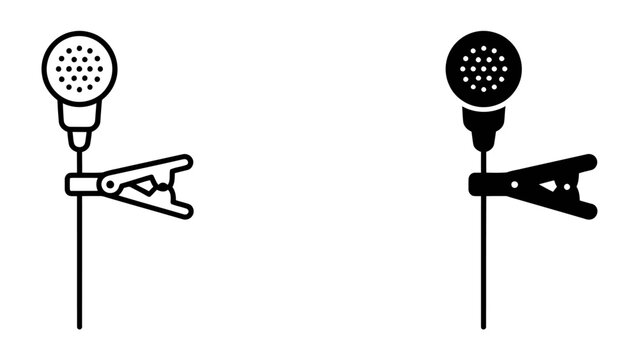 Lapel Microphone Icons: Two line art icons depicting lapel microphones with clips, presented in black and white, suitable for various media and technology-related applications.