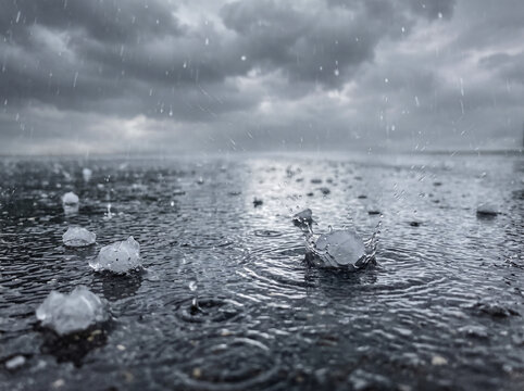 Large frozen hail ice balls falling during a storm on a wet ground, suitable for weatherrelated designs or textures.