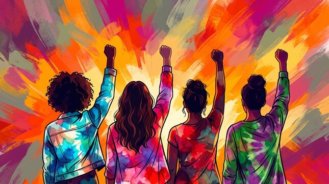 Colorful illustration of a group of women raising their fists. Gender equality and International Women's Day concept.

