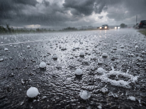 Heavy hail storm hitting an asphalt road, dark clouds and wet cars. Perfect for illustrating extreme weather or insurance concepts.