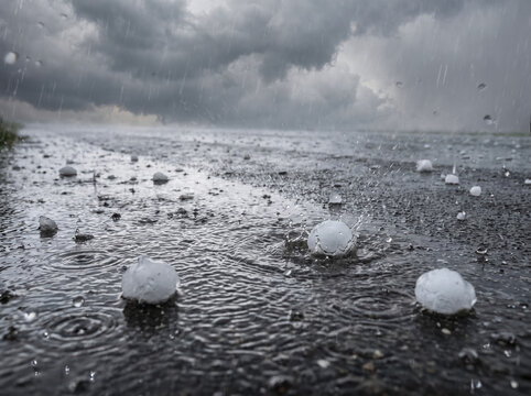 Heavy ice pellets during a storm on wet asphalt ground. Suitable for weatherrelated articles, websites, and design projects.