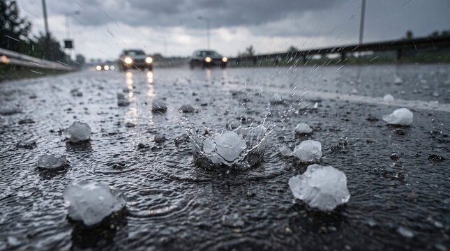 Hailstones falling on wet asphalt road under gray sky, suitable for weather forecast articles, climate change blogs, and winterthemed designs.
