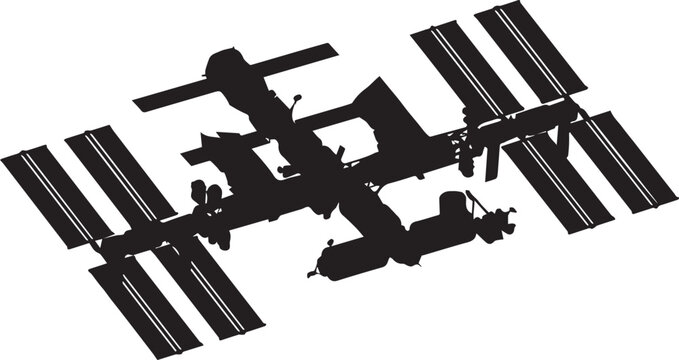 International Space Station Silhouette with Orbital Laboratory Modules, Black Spacecraft Vector Illustration Isolated on White Background for Aerospace Technology Design