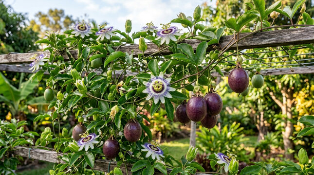 Blooming passion vine with ripe purple fruits hanging on a wooden fence, garden setting